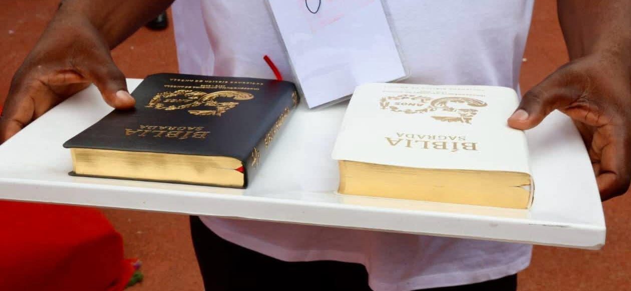 Close-up of the commemorative Holy Bible cover designed for Angola’s 50 Years of Independence Jubilee.
